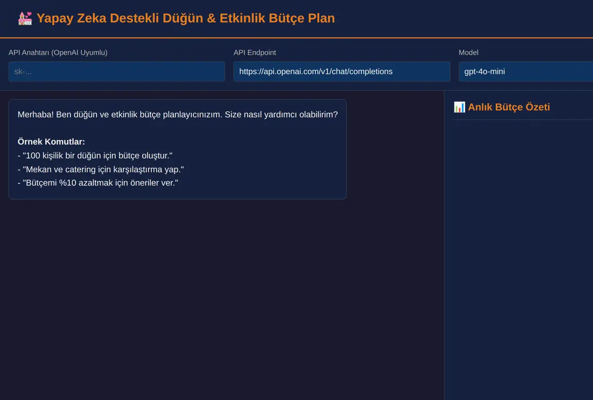 Yapay Zeka Destekli Düğün & Etkinlik Bütçe Plan ekran görüntüsü