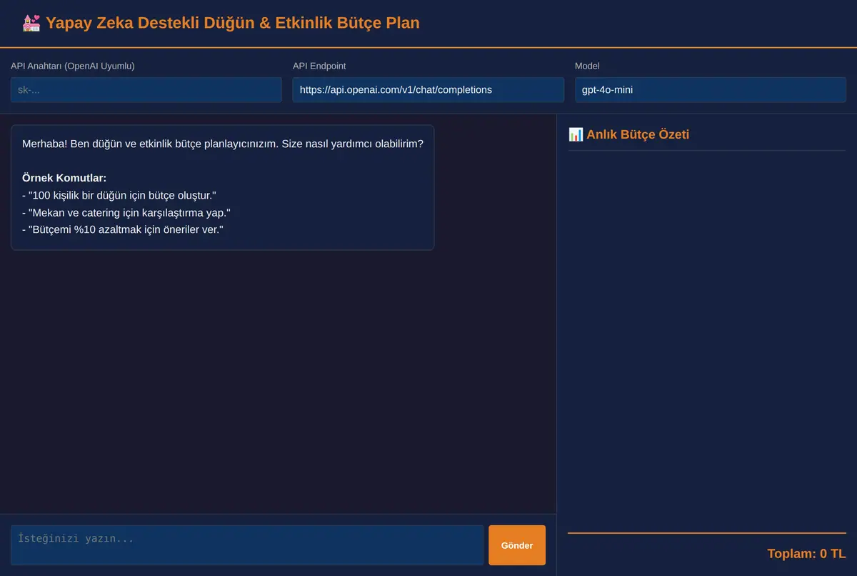Yapay Zeka Destekli Düğün & Etkinlik Bütçe Plan ekran görüntüsü 3