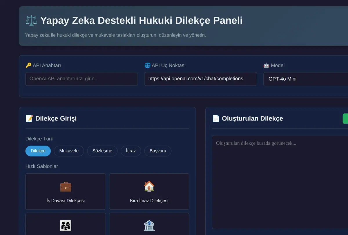 Yapay Zeka Destekli Hukuki Dilekçe Paneli ekran görüntüsü