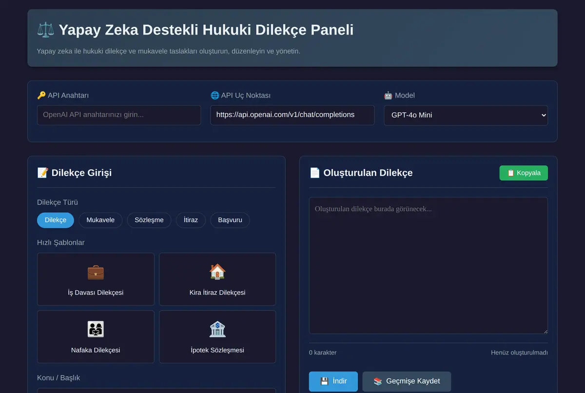 Yapay Zeka Destekli Hukuki Dilekçe Paneli ekran görüntüsü 2