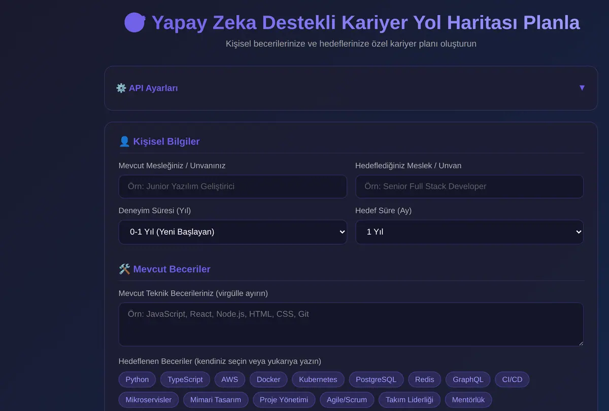 Yapay Zeka Destekli Kariyer Yol Haritası Planla ekran görüntüsü
