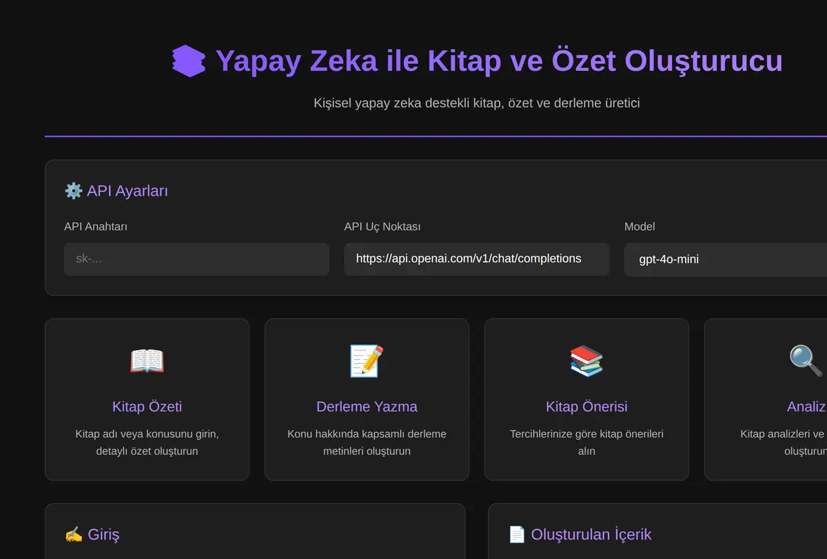 Yapay Zeka ile Kitap ve Özet Oluşturucu ekran görüntüsü