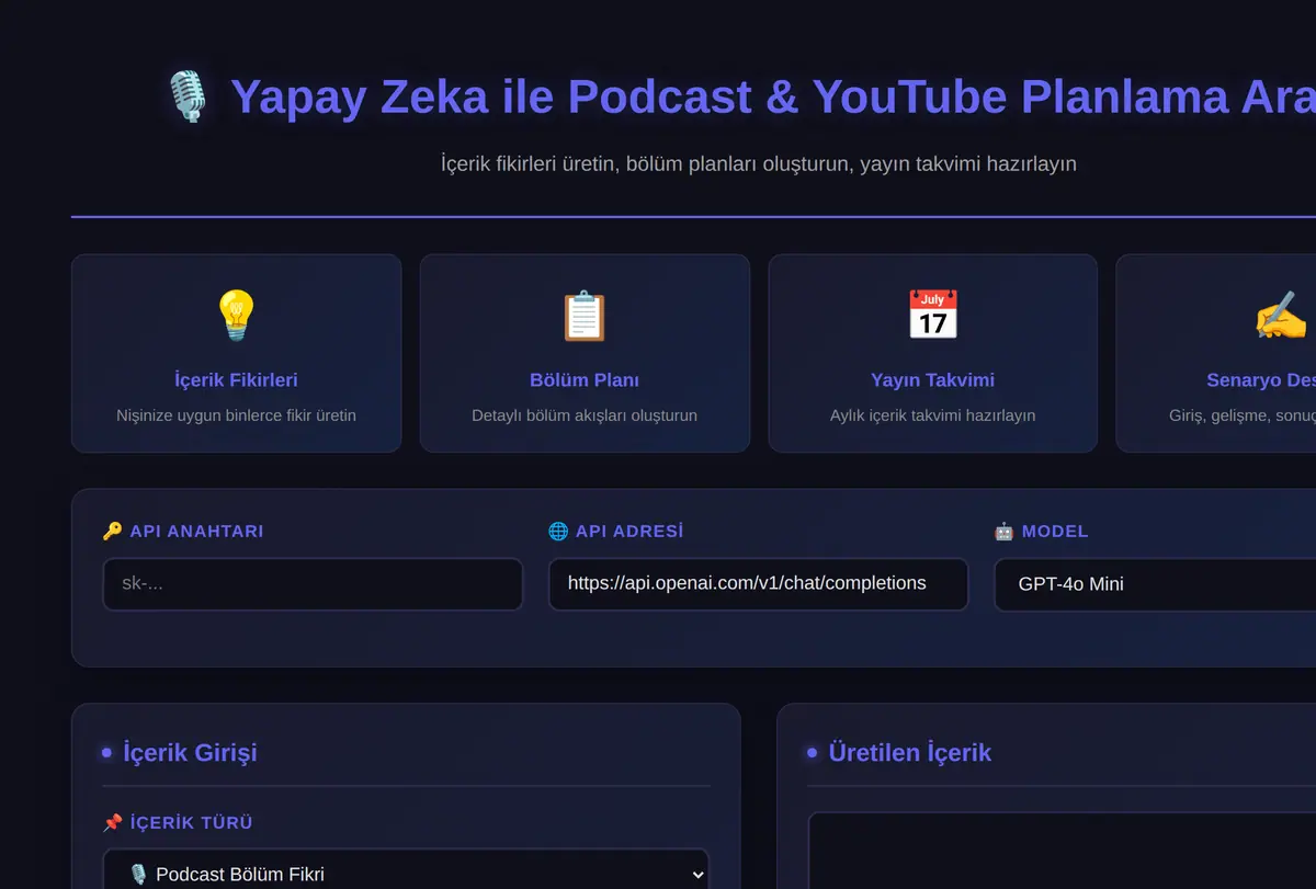 Yapay Zeka ile Podcast & YouTube Planlama Aracı ekran görüntüsü