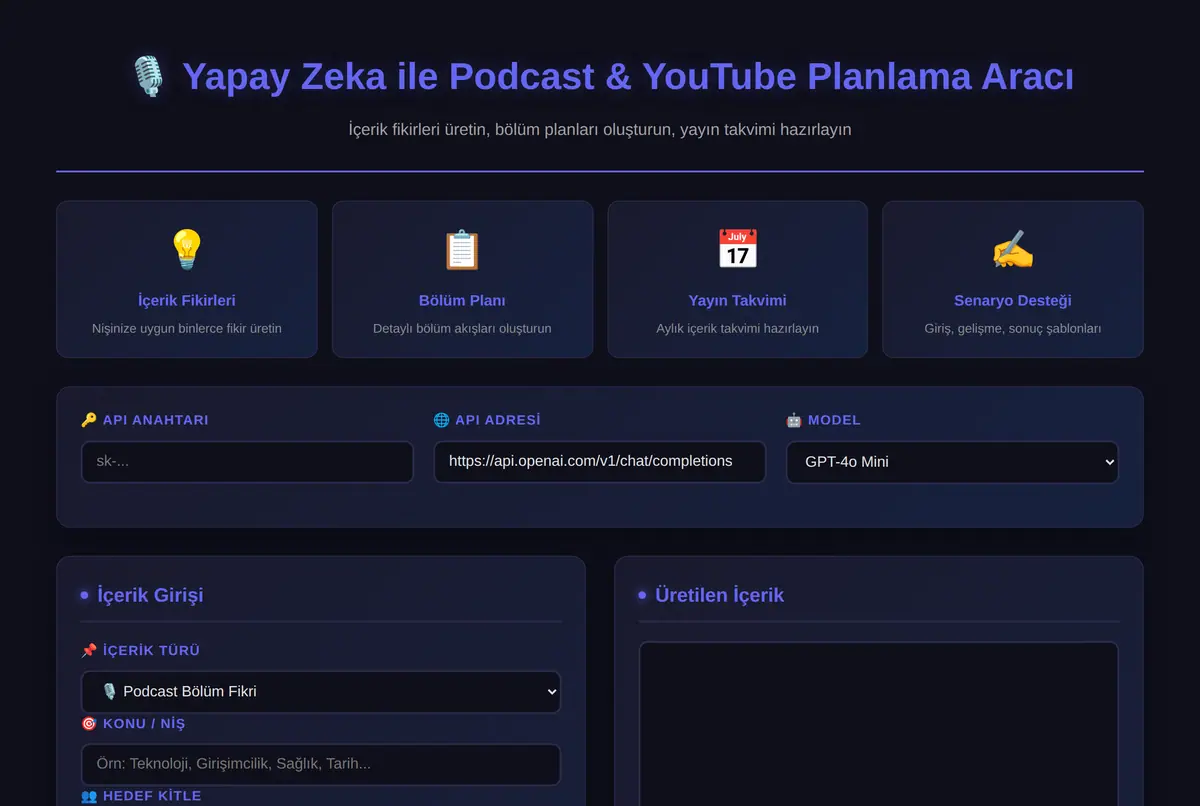 Yapay Zeka ile Podcast & YouTube Planlama Aracı ekran görüntüsü 2