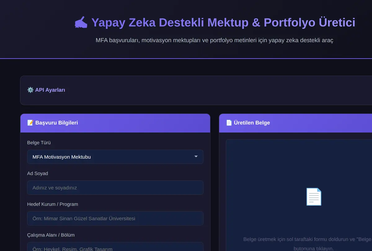 Yapay Zeka Destekli Mektup & Portfolyo Üretici ekran görüntüsü
