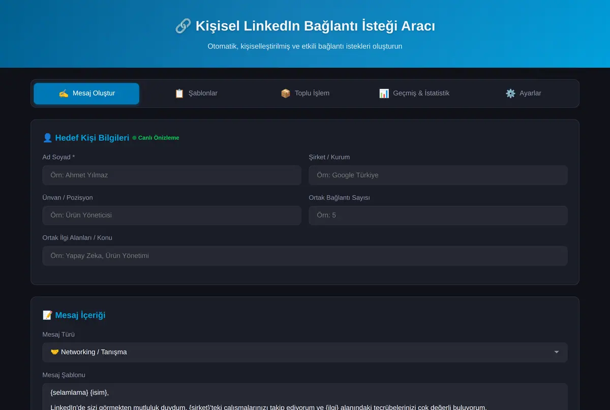 Kişisel LinkedIn Bağlantı İsteği Aracı ekran görüntüsü 2