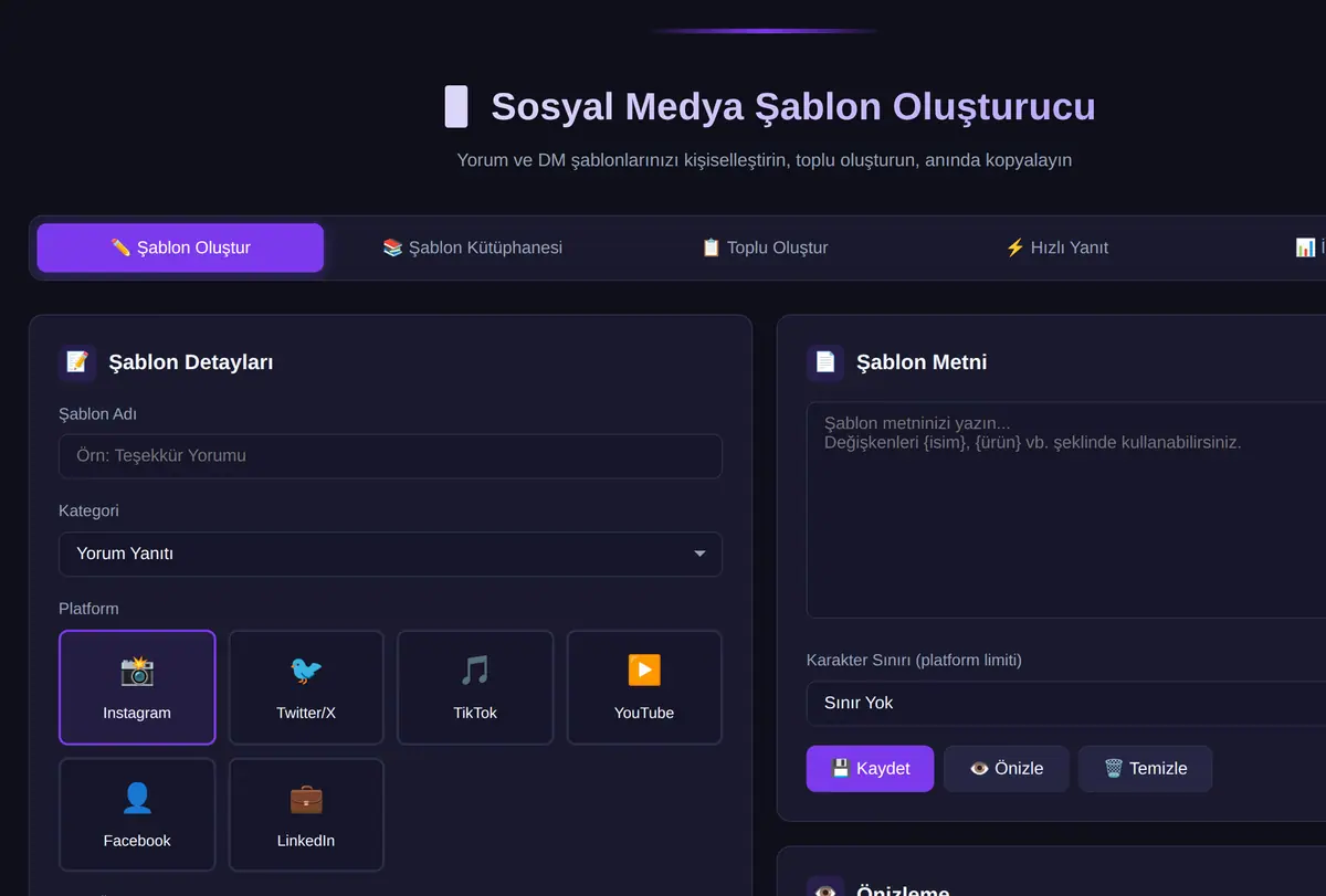 Sosyal Medya Yorum & DM Şablon Oluşturucu ekran görüntüsü