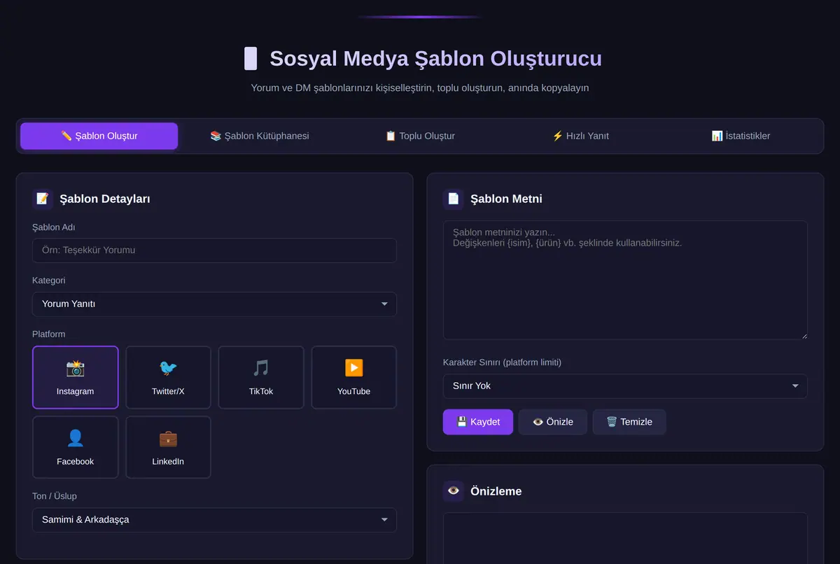 Sosyal Medya Yorum & DM Şablon Oluşturucu ekran görüntüsü 2