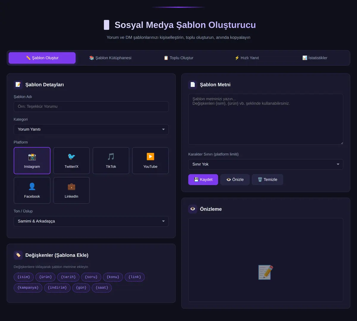 Sosyal Medya Yorum & DM Şablon Oluşturucu ekran görüntüsü 3