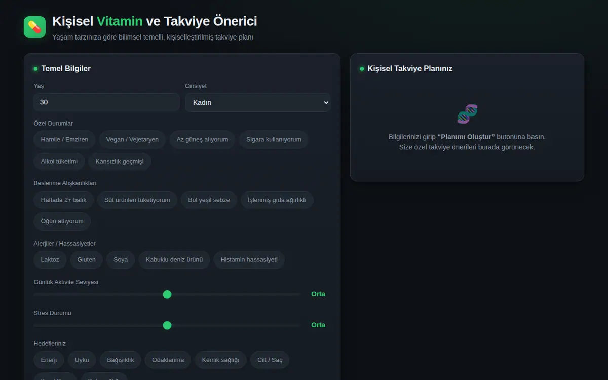 Kişiselleştirilmiş Vitamin ve Takviye Önerici ekran görüntüsü