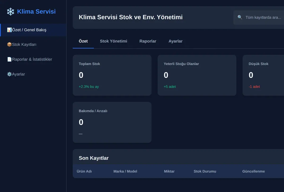 Klima Servisi Stok ve Envanter Yönetimi ekran görüntüsü