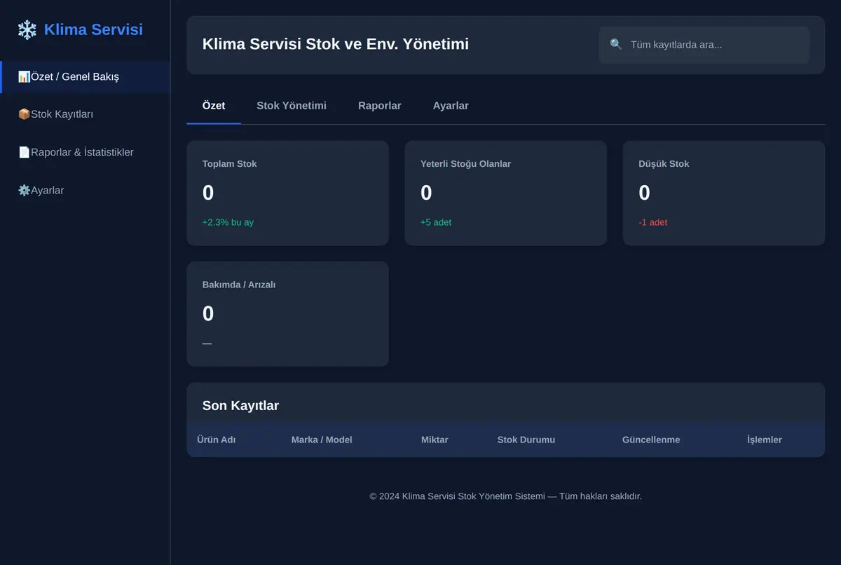 Klima Servisi Stok ve Envanter Yönetimi ekran görüntüsü 3