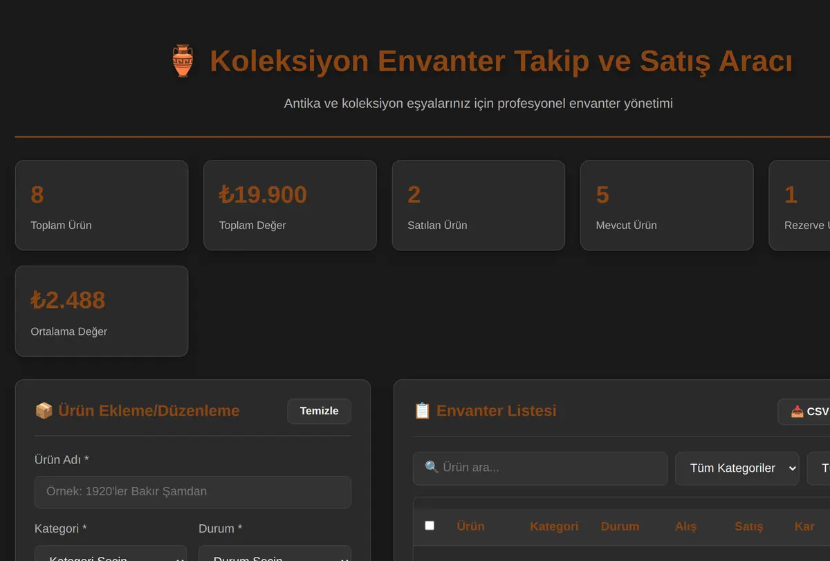 Koleksiyon Envanter Takip ve Satış Aracı ekran görüntüsü