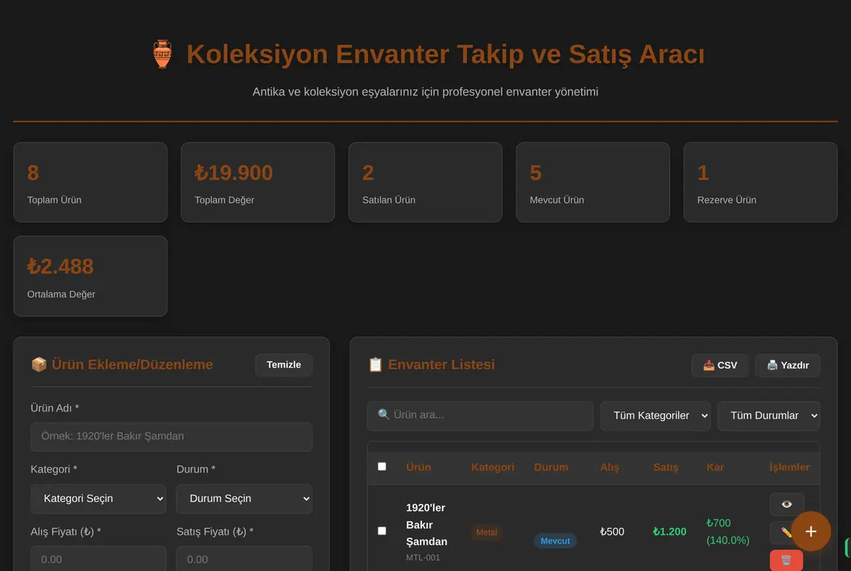Koleksiyon Envanter Takip ve Satış Aracı ekran görüntüsü 2