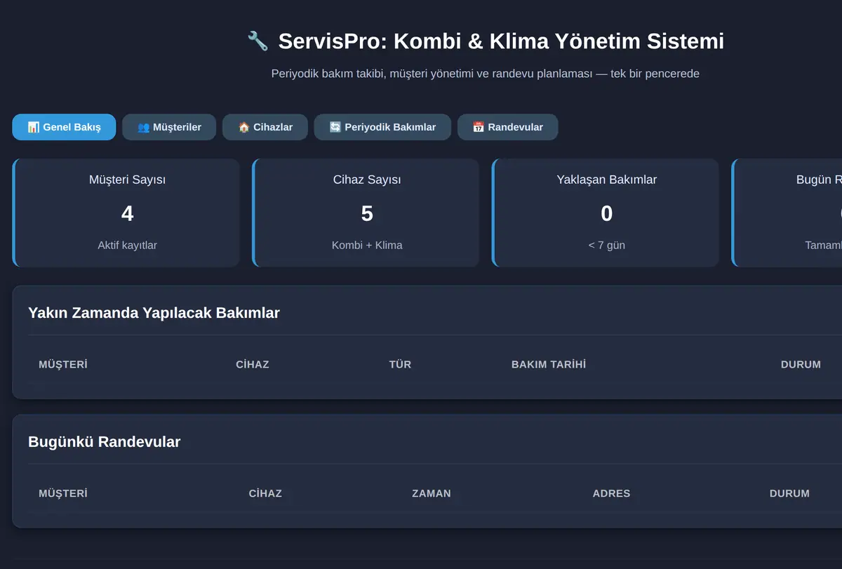 ServisPro: Kombi & Klima Yönetim Sistemi ekran görüntüsü