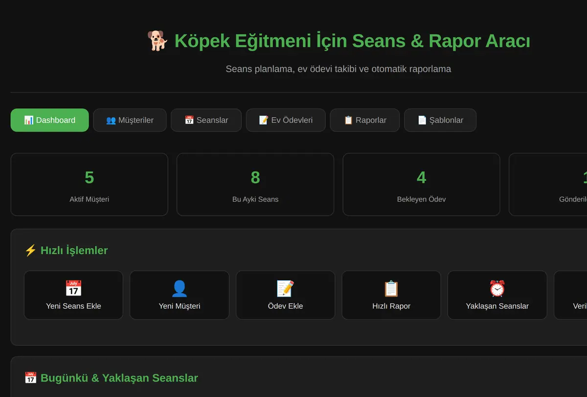 Köpek Eğitmeni İçin Seans & Rapor Aracı ekran görüntüsü