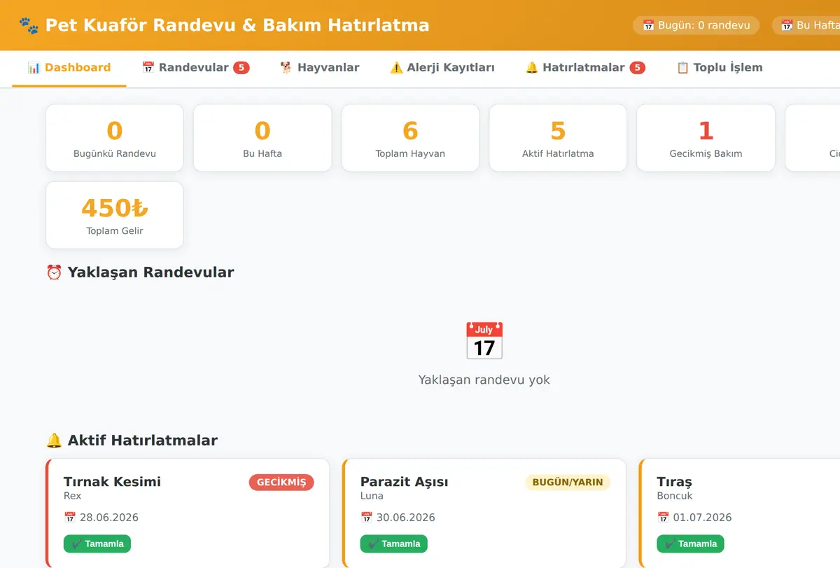 Pet Kuaför Randevu & Bakım Hatırlatma Sistemi ekran görüntüsü