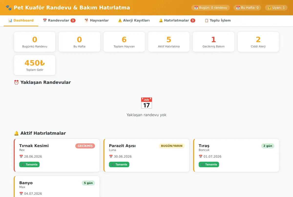 Pet Kuaför Randevu & Bakım Hatırlatma Sistemi ekran görüntüsü 2