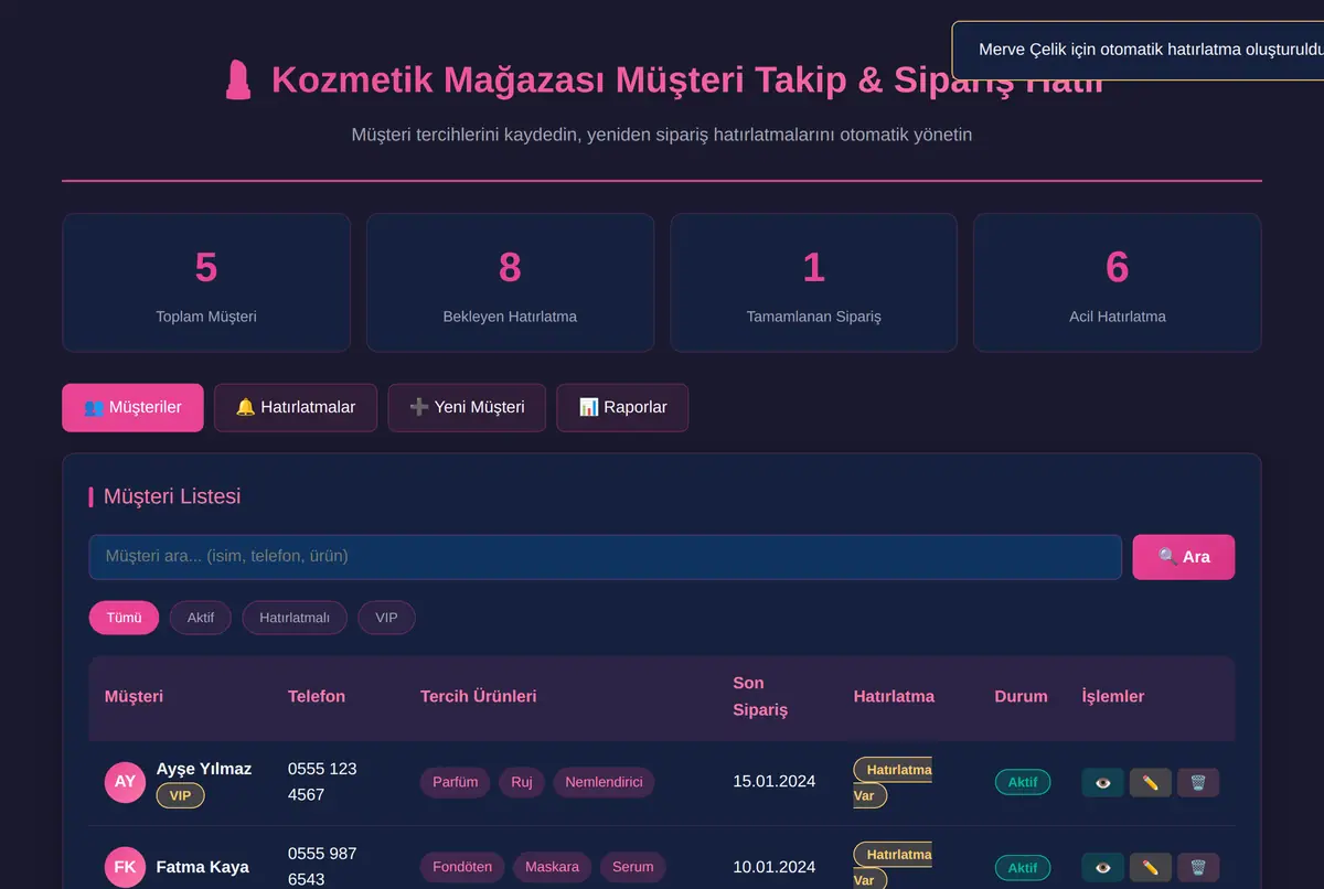 Kozmetik Mağazası Müşteri Takip & Sipariş Hatır ekran görüntüsü 2