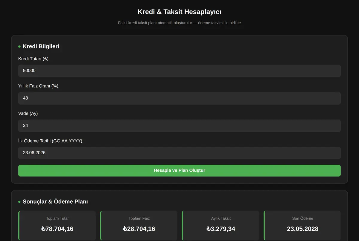 Kredi & Taksit Ödeme Planı Hesaplayıcı ekran görüntüsü 2