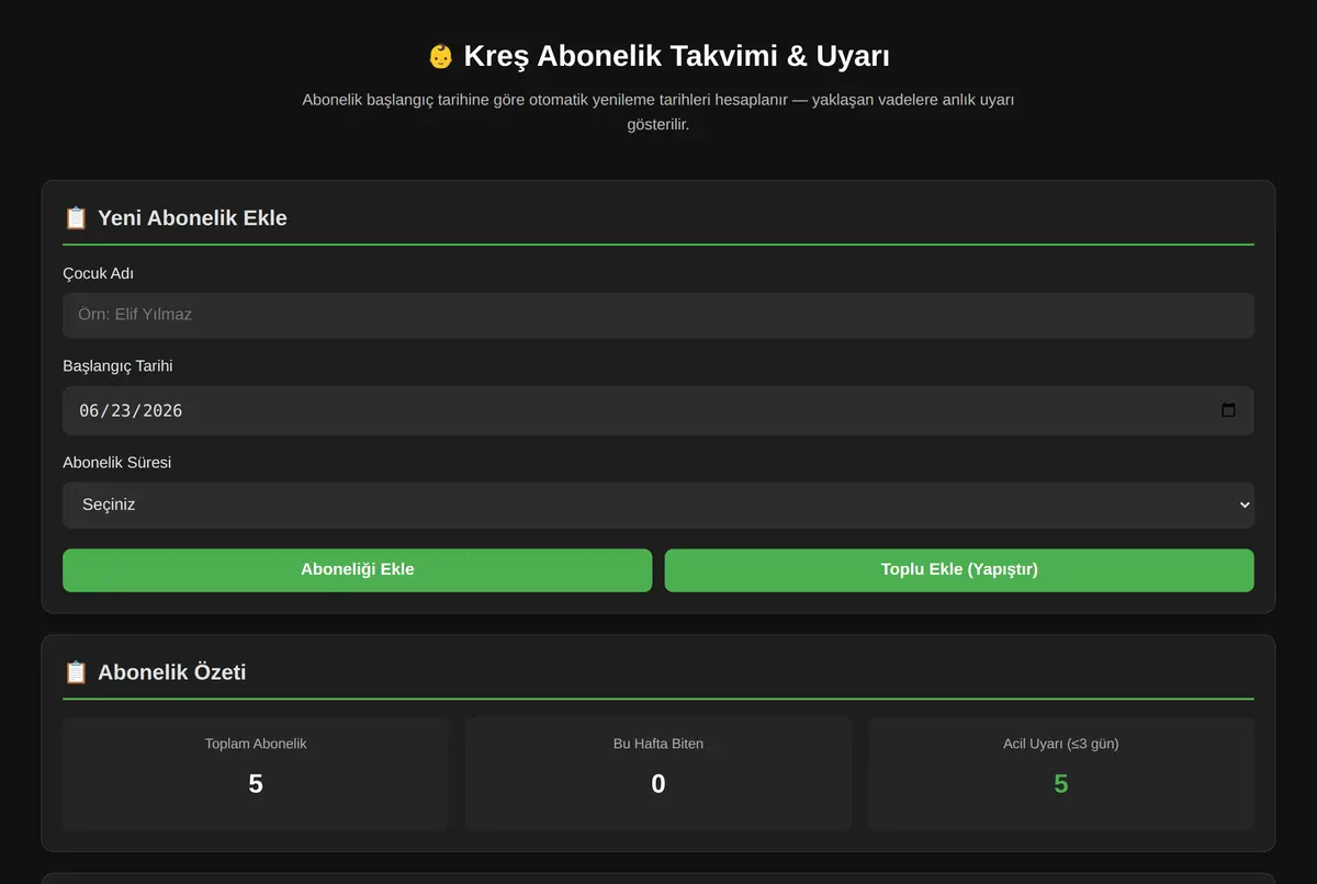 Kreş Abonelik Takvimi & Uyarı ekran görüntüsü 2