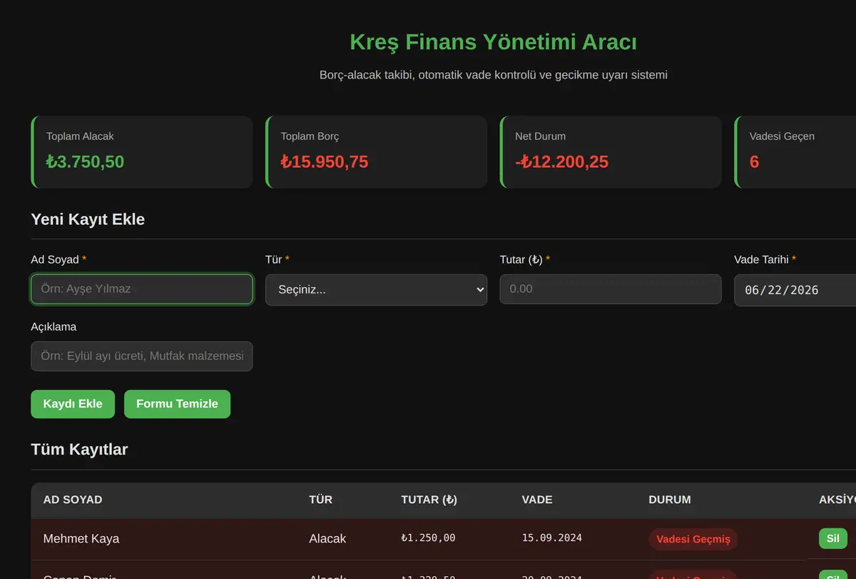Kreş Finans Yönetimi Aracı ekran görüntüsü