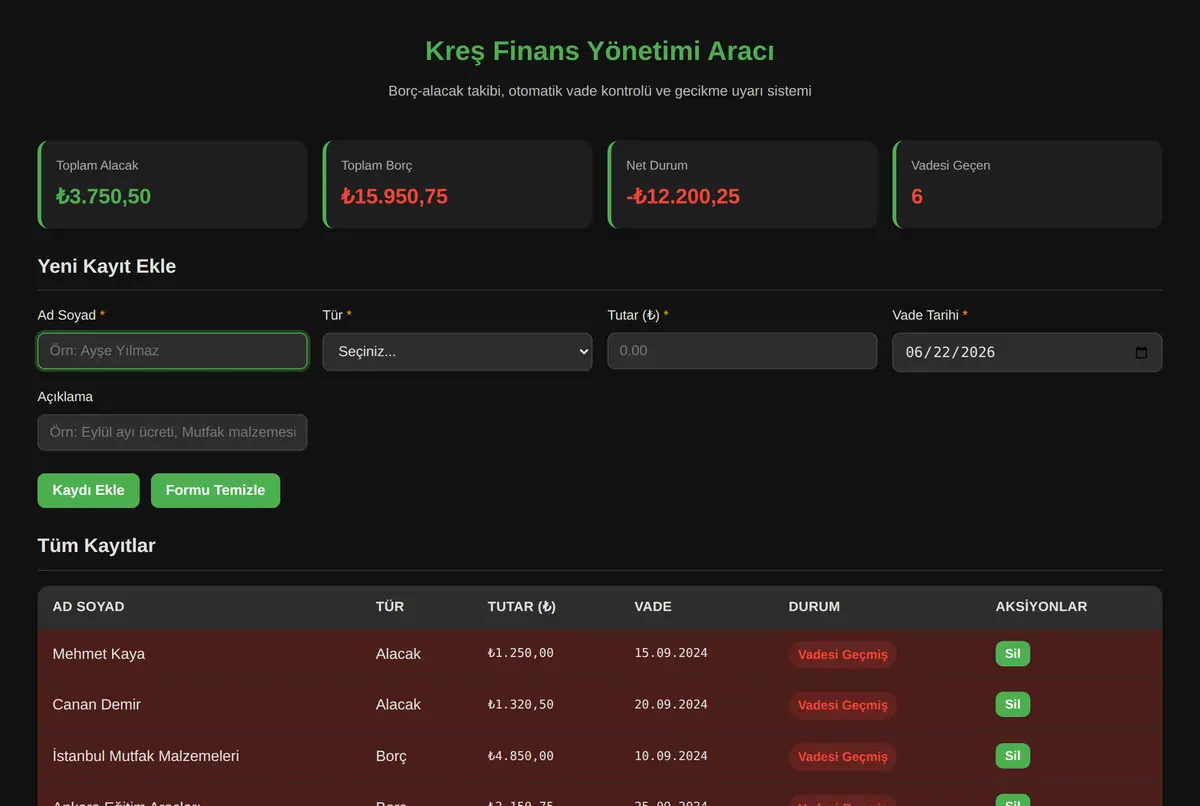 Kreş Finans Yönetimi Aracı ekran görüntüsü 2