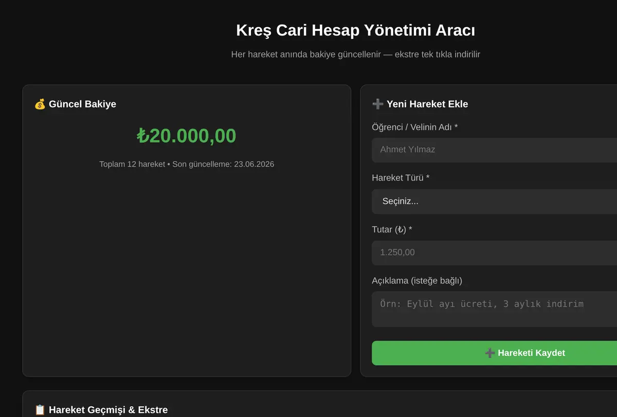Kreş Cari Hesap Yönetimi Aracı ekran görüntüsü