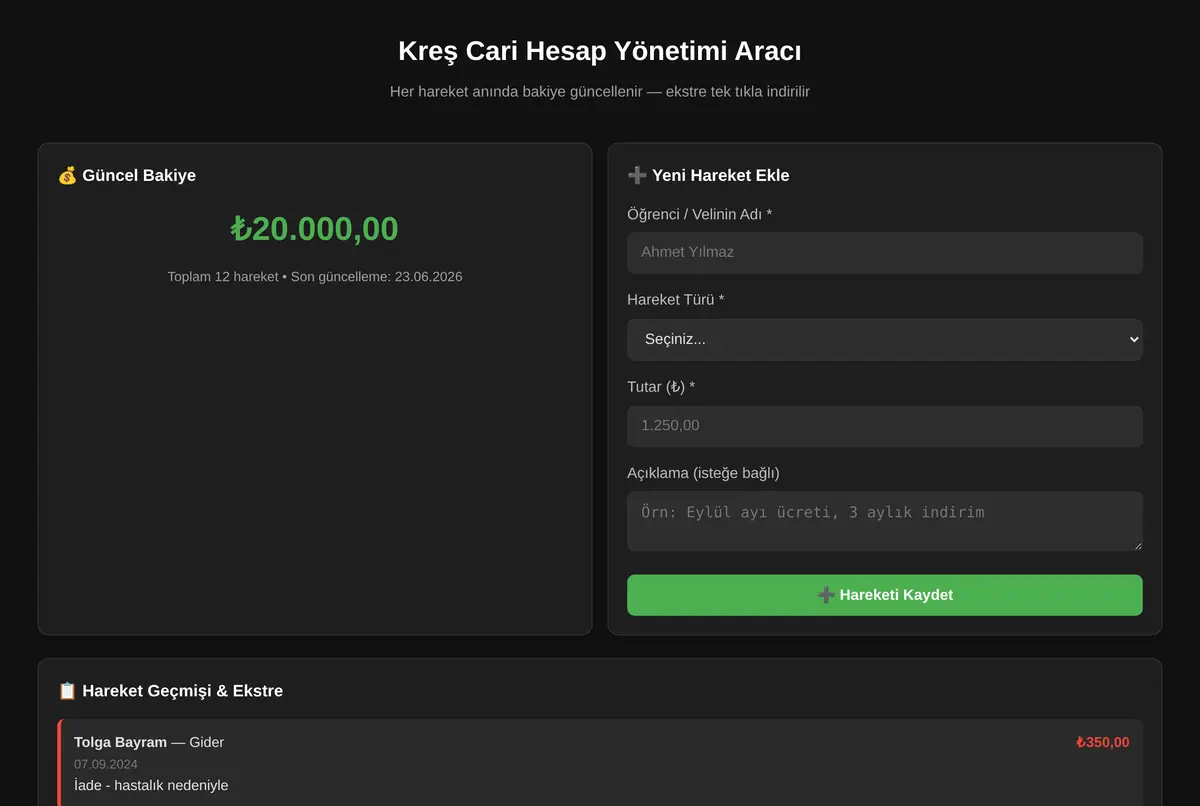 Kreş Cari Hesap Yönetimi Aracı ekran görüntüsü 2