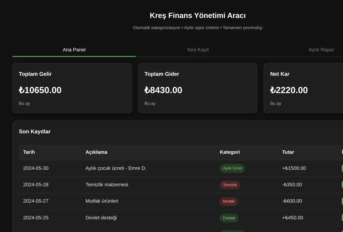 Kreş Finans Yönetimi Aracı ekran görüntüsü