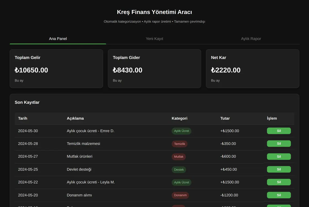Kreş Finans Yönetimi Aracı ekran görüntüsü 2