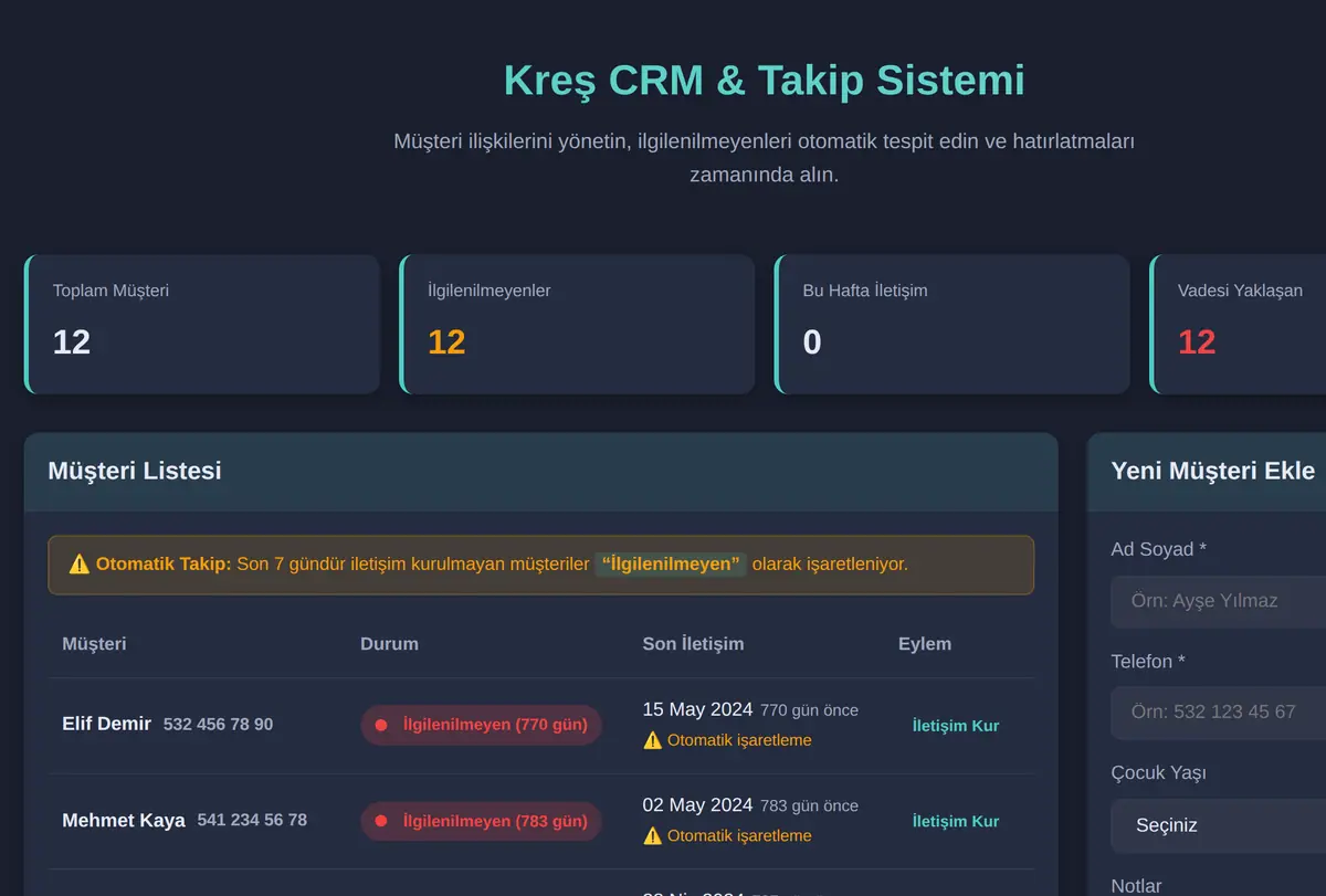 Kreş CRM & Takip Sistemi ekran görüntüsü