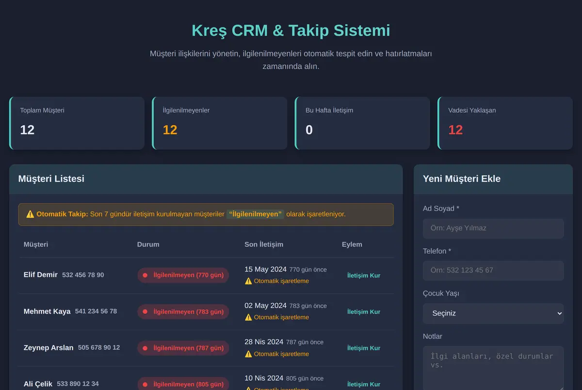 Kreş CRM & Takip Sistemi ekran görüntüsü 2