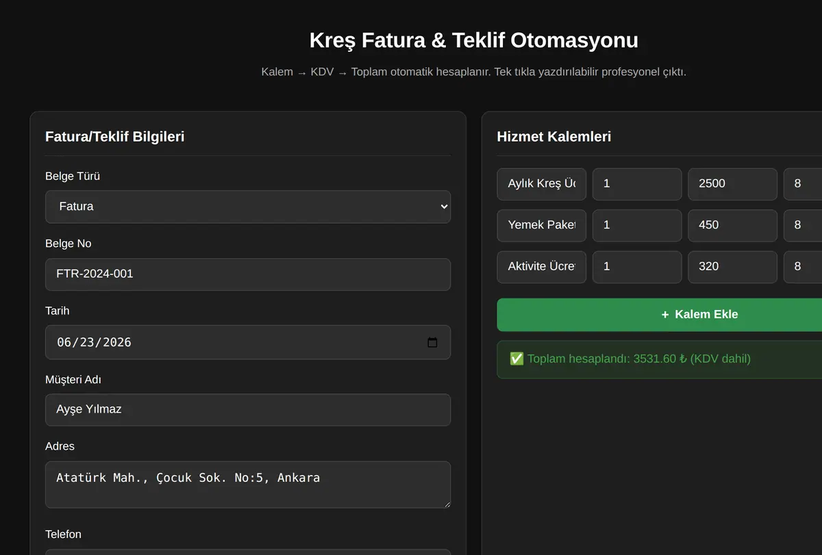 Kreş Fatura & Teklif Otomasyonu ekran görüntüsü