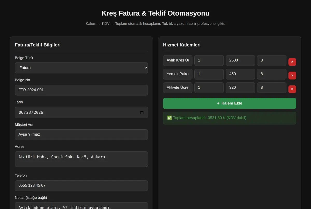 Kreş Fatura & Teklif Otomasyonu ekran görüntüsü 2
