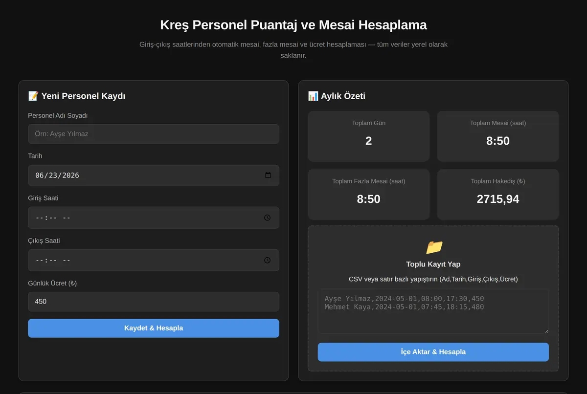 Kreş Personel Puantaj ve Mesai Hesaplama ekran görüntüsü 2