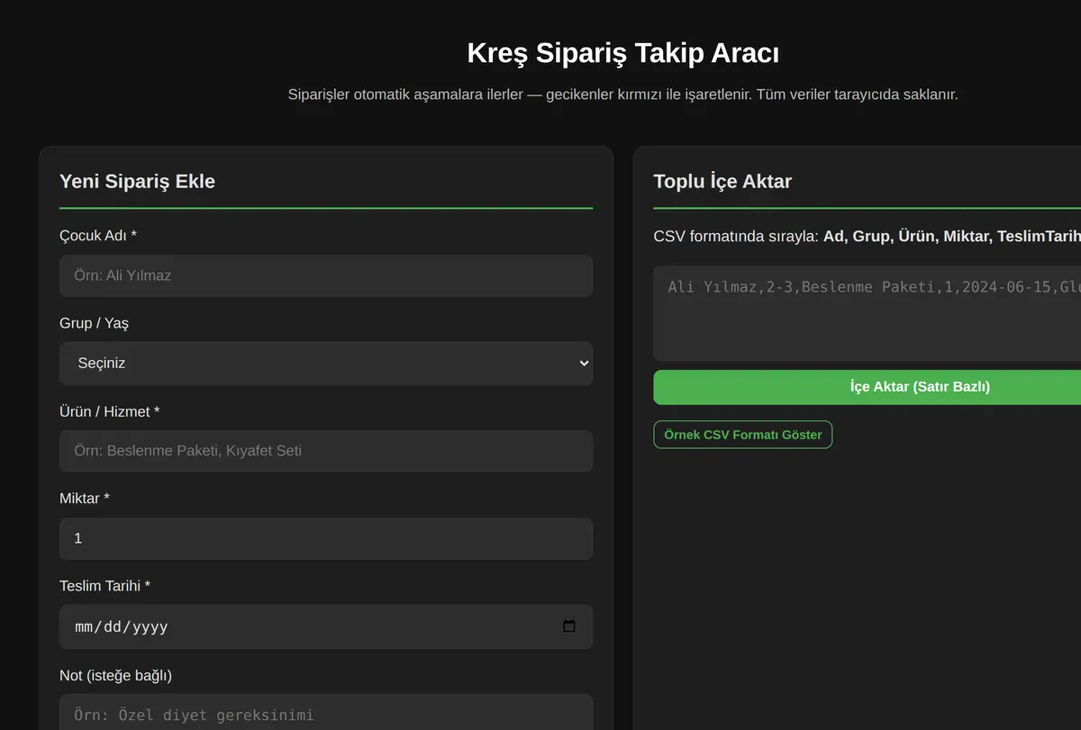 Kreş Sipariş Takip Aracı ekran görüntüsü