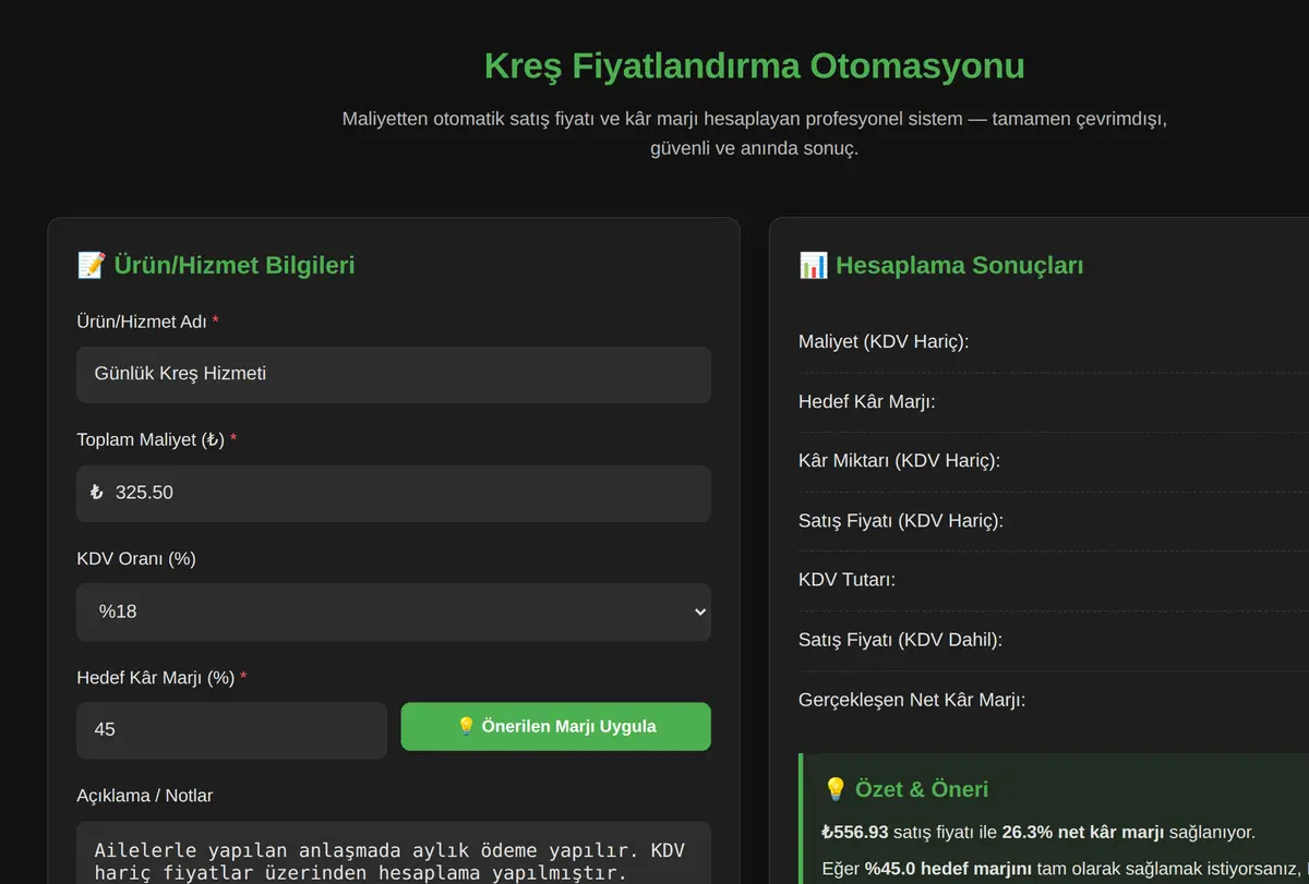 Kreş Fiyatlandırma Otomasyonu ekran görüntüsü