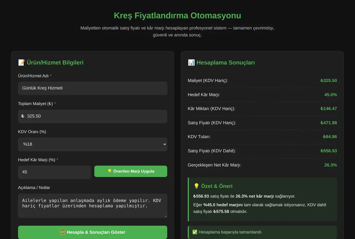 Kreş Fiyatlandırma Otomasyonu ekran görüntüsü 2