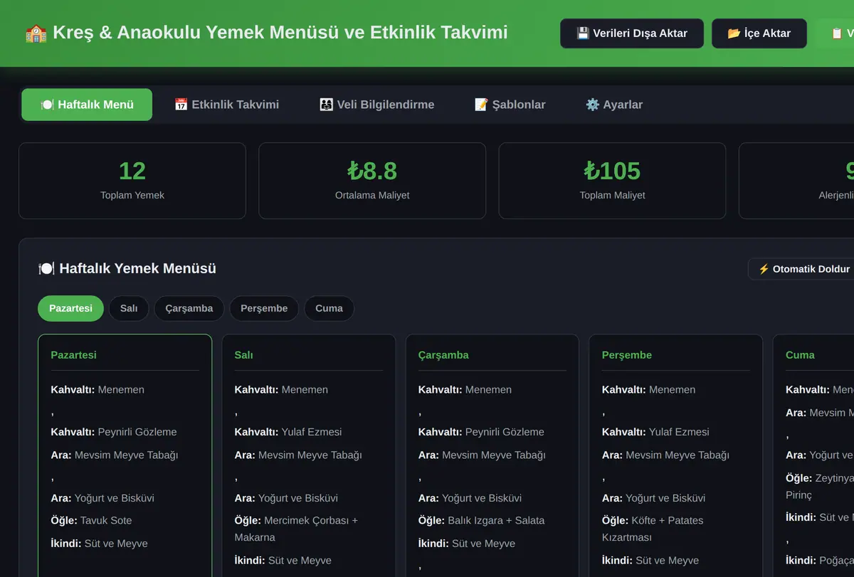 Kreş & Anaokulu Yemek Menüsü ve Etkinlik Takvimi ekran görüntüsü