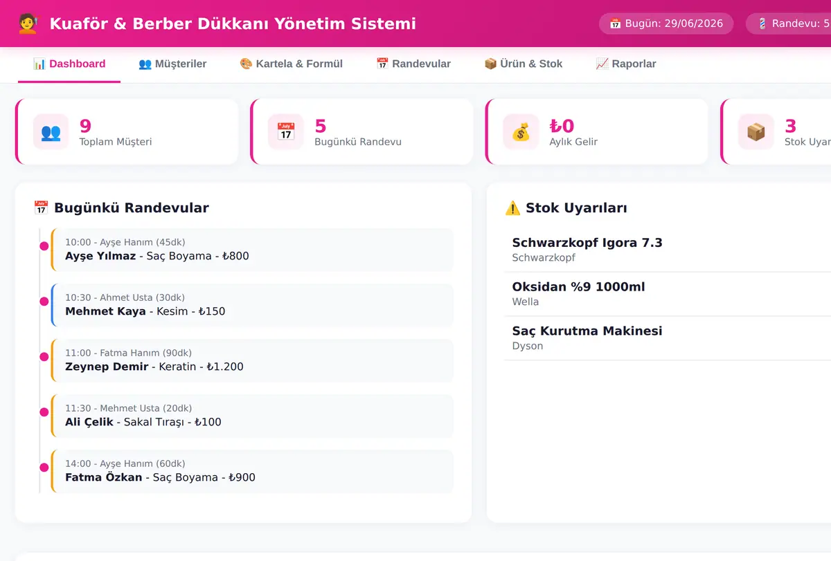 Berber Randevu Yönetim Sistemi ekran görüntüsü