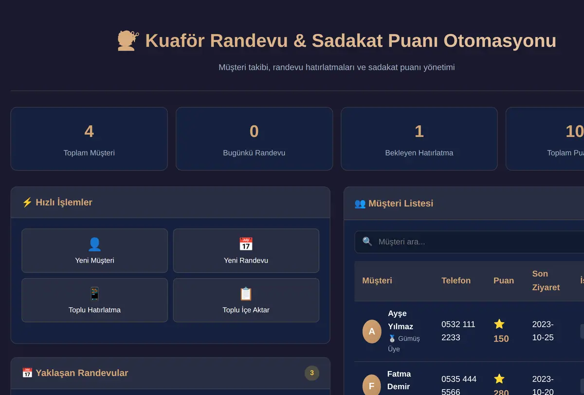 Kuaför Randevu & Sadakat Puanı Otomasyonu ekran görüntüsü