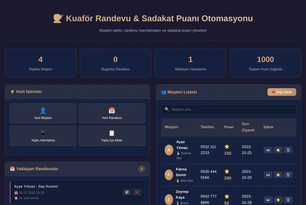 Kuaför Randevu & Sadakat Puanı Otomasyonu ekran görüntüsü 2