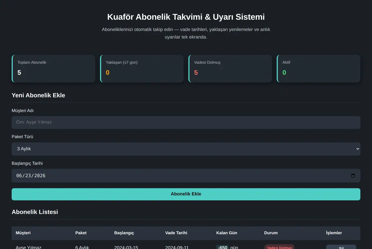 Kuaför Abonelik Takvimi & Uyarı Sistemi ekran görüntüsü 2