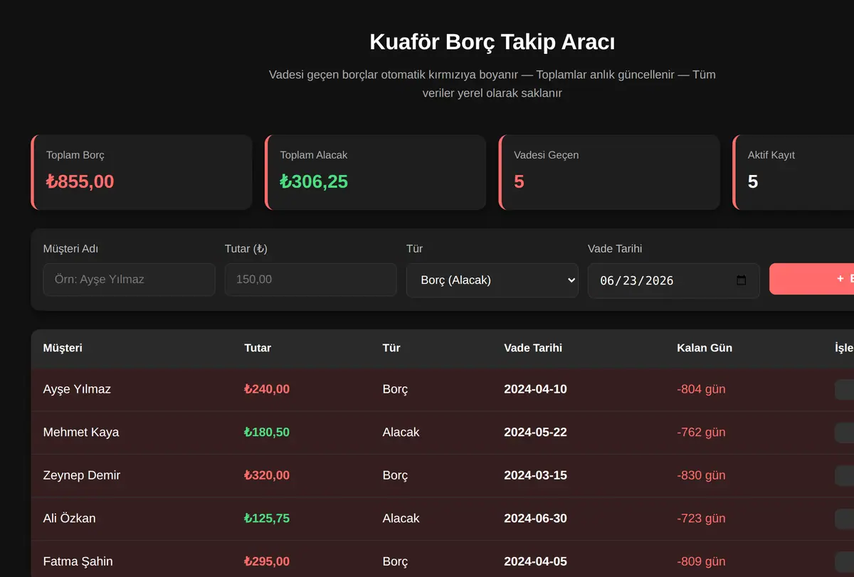 Kuaför Borç Takip Aracı ekran görüntüsü