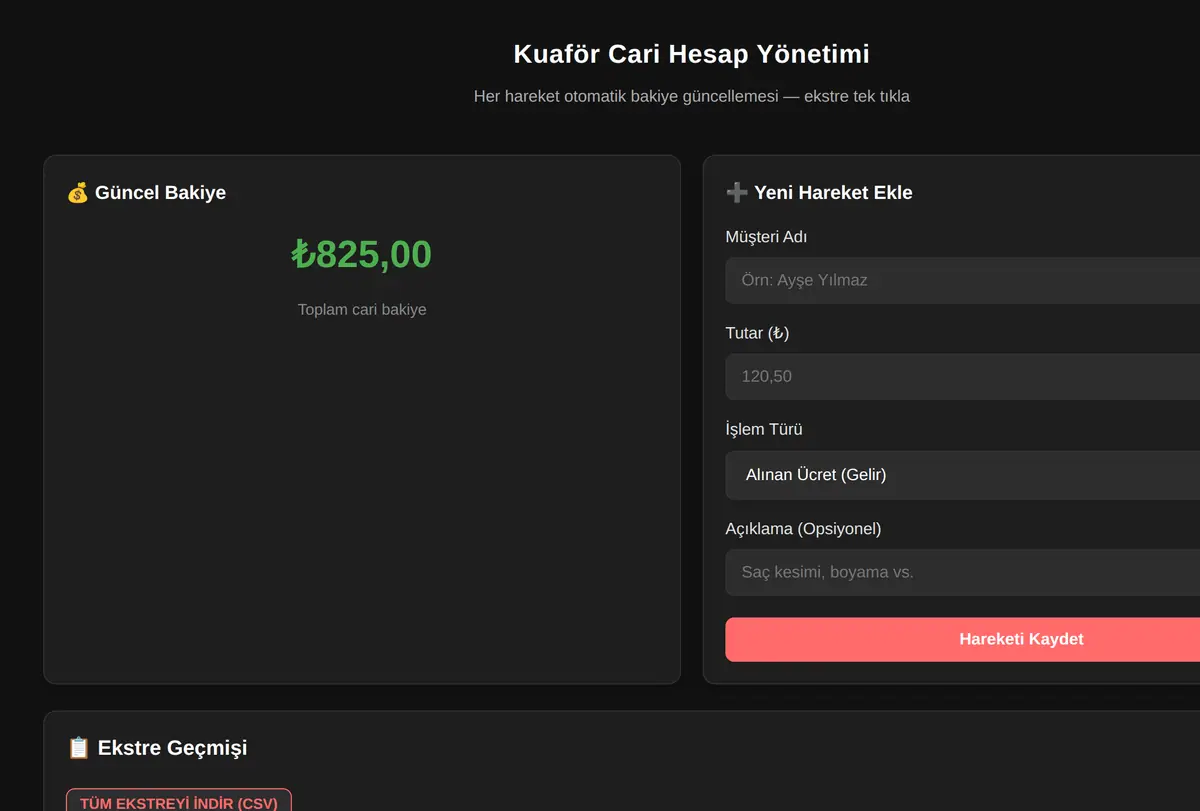 Kuaför Cari Hesap Yönetimi ekran görüntüsü