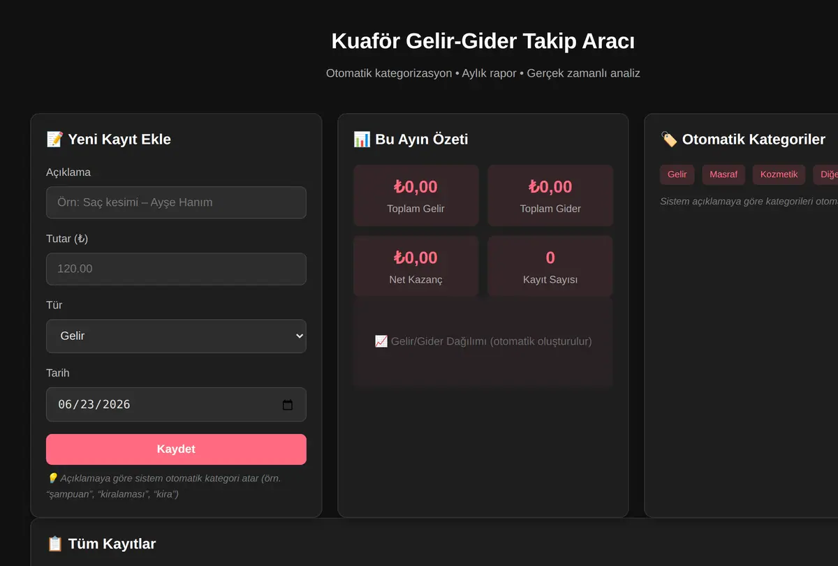 Kuaför Gelir-Gider Takip Aracı ekran görüntüsü