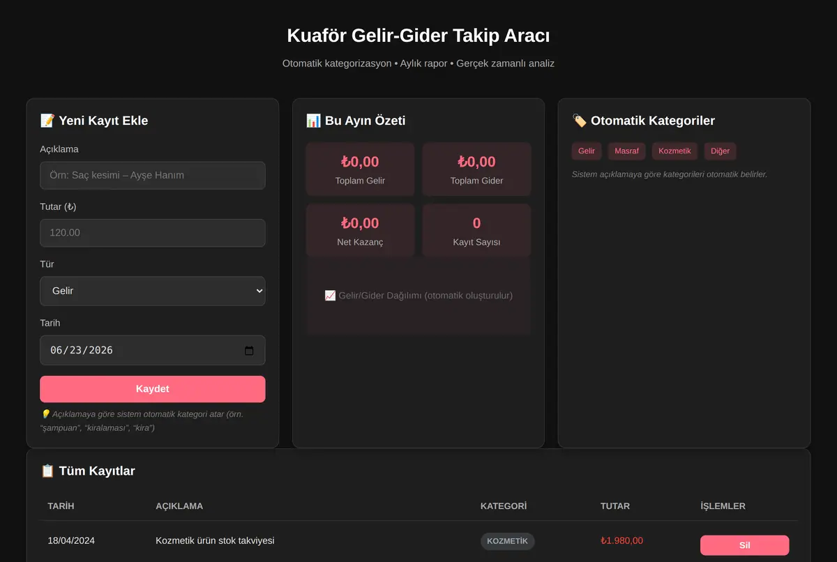 Kuaför Gelir-Gider Takip Aracı ekran görüntüsü 2