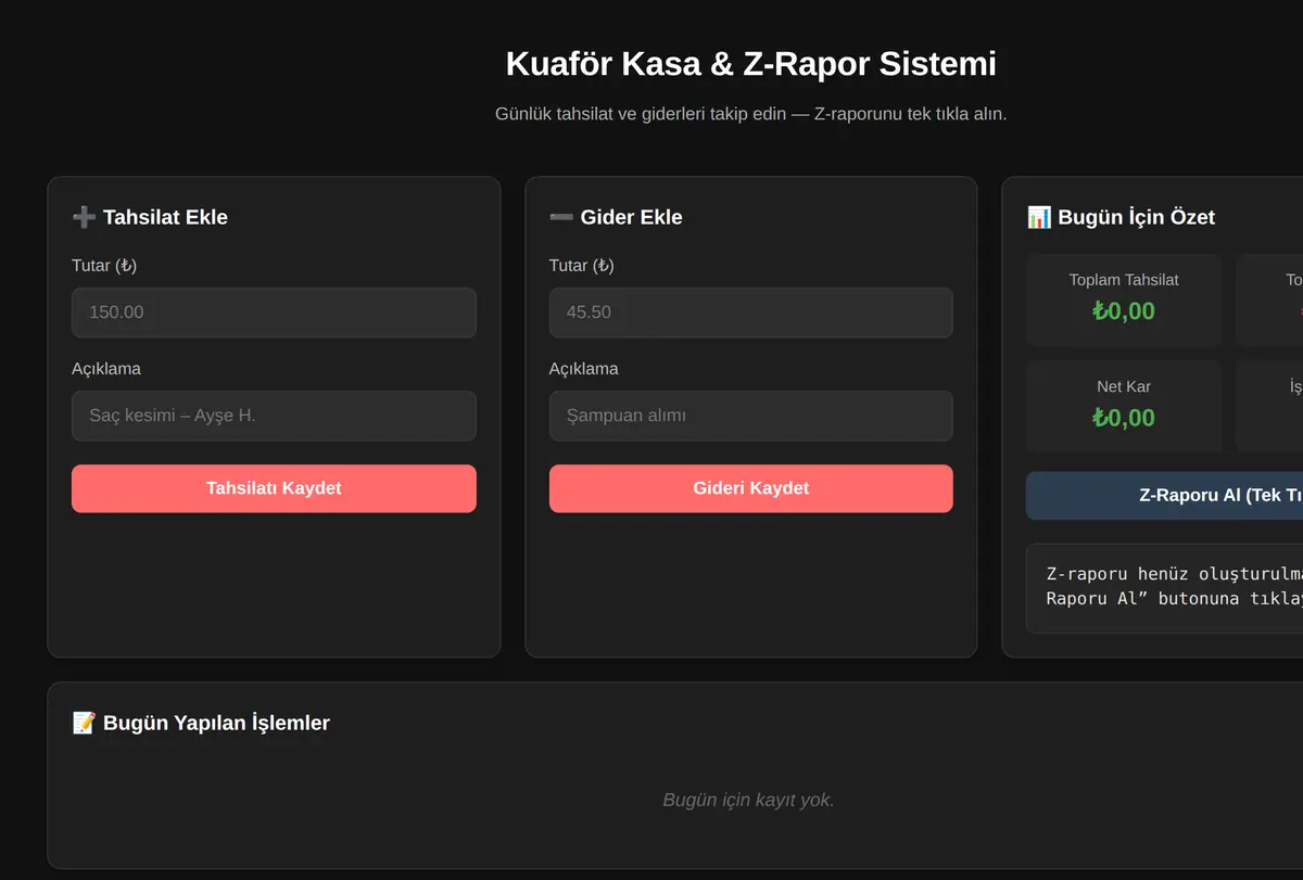 Kuaför Kasa & Z-Rapor Sistemi ekran görüntüsü
