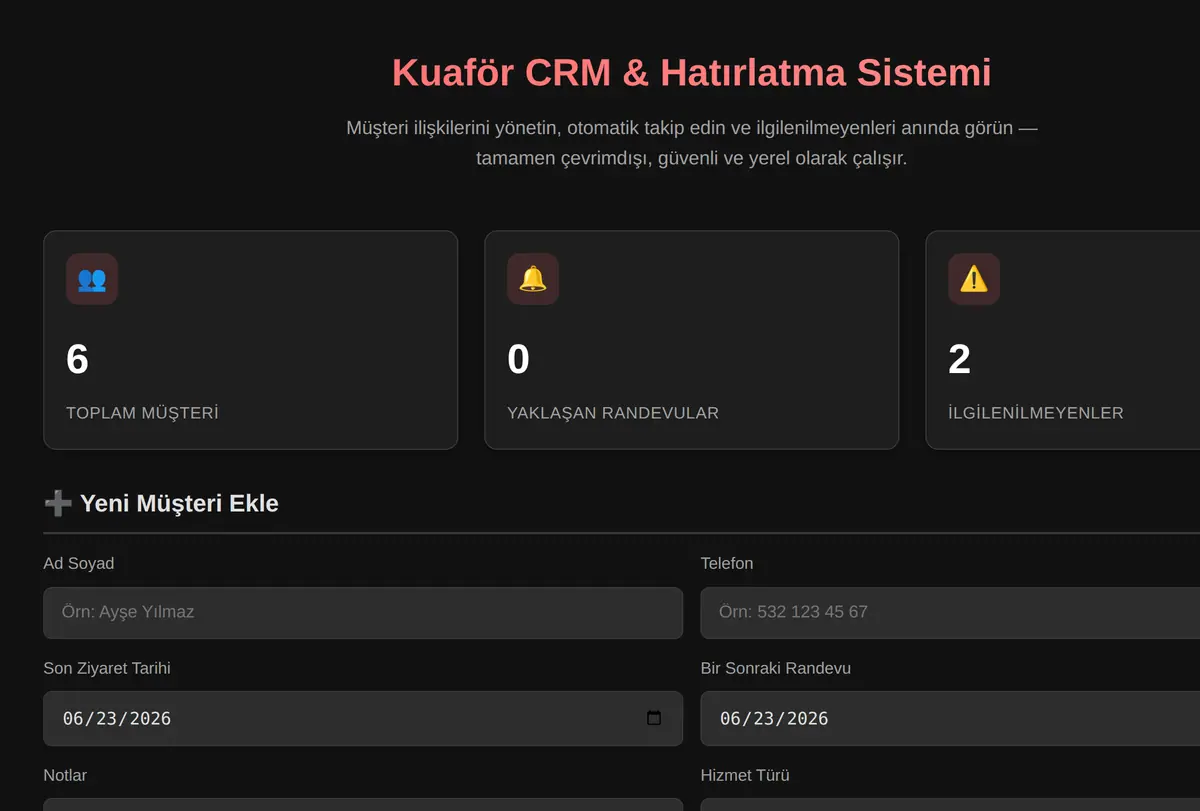Kuaför CRM & Hatırlatma Sistemi ekran görüntüsü